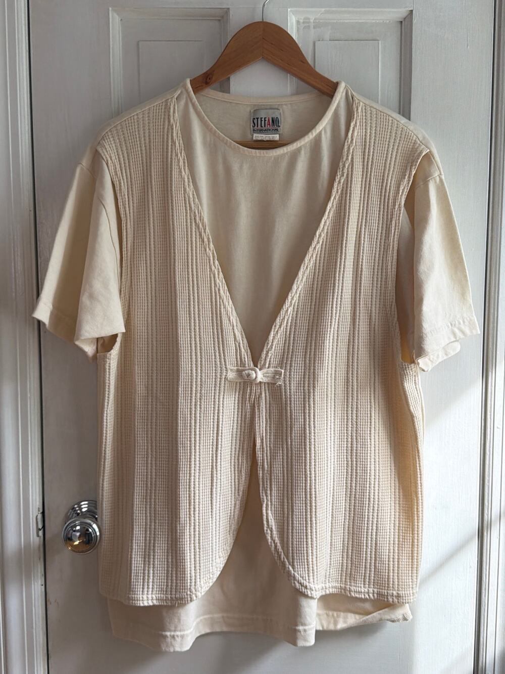 Vintage Stefano International Layered Vest Top Womens 14/16 Cream Ribbed USA 90s
